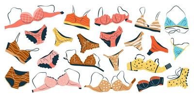 bundel van vrouw lingerie sets geïsoleerd Aan wit achtergrond. verzameling van elegant ondergoed, sexy ondergoed, bh's, bikini en slipje voor Dames. hand- getrokken kleurrijk vlak vector illustraties.