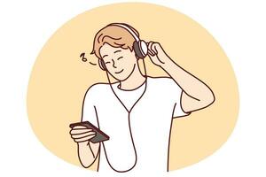 glimlachen jong Mens in hoofdtelefoons luister naar muziek- Aan mobiele telefoon. gelukkig millennial vent in oortelefoons genieten mooi zo kwaliteit geluid Aan smartphone. vector illustratie.