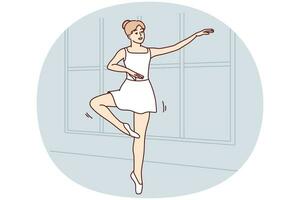 jong vrouw in tutu dansen in school. glimlachen meisje in jurk praktijk ballerina beweegt binnenshuis. hobby en amusement. vector illustratie.