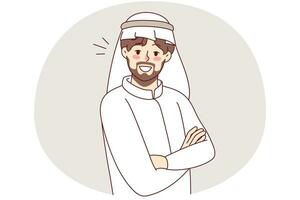 portret van Arabisch Mens in traditioneel kleding. glimlachen Arabisch mannetje in thobe volgen moslim cultuur en traditioneel. vector illustratie.