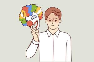 boos Mens duurt uit masker gelukkig clown voor concept van dubbelhartigheid en huichelarij persoon doen alsof naar worden nar. metafoor bipolair wanorde in vent demonstreren huichelarij wanneer communiceren of werken vector