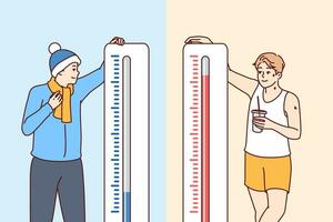 Mens staat in de buurt thermometers tonen verschillend temperaturen en voelt warmte of verkoudheid vector