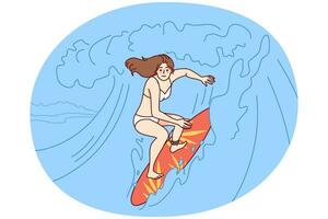 gelukkig vrouw in bikini surfing Aan golven in oceaan Aan bord. glimlachen actief vrouw surfer hebben pret genieten zomer vakantie. vector illustratie.