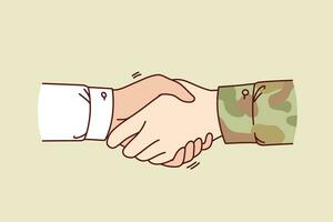 handdruk tussen soldaat en burger symboliseert ondersteuning van leger na terugkeren van vijandelijkheden. handen van officier en manager Bij moment van handdruk, voor concept samenwerking met leger vector