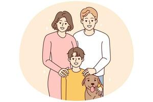 portret van jong familie met kind en hond. glimlachen ouders met kind en huisdier poseren samen. vector illustratie.