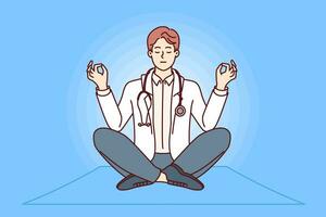 mediteren mannetje dokter zittend in lotus positie en nemen breken naar praktijk stress verlichtend yoga. vector