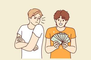 Mens is jaloers van rijk vriend tonen uit geld rekeningen verdiend in bedrijf of won in casino vector