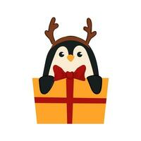 schattig Kerstmis pinguïn zittend in een geschenk doos. tekenfilm winter dier. vector