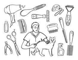 huisdier uiterlijke verzorging set. salon voor dieren. tekening stijl dier en karakter hand- getrokken. vector illustratie.