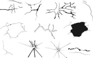 reeks van grond scheuren, gebroken venster, gebarsten glas, breken voorruit glas, beschadigd muur structuur silhouet vector