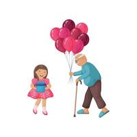 opa met ballonnen en een schattig meisje met een doos van geschenken, in tekenfilm stijl. een schattig ouderen Mens geeft ballonnen naar een meisje. opa feliciteert zijn kleindochter Aan de vakantie. vector. vector
