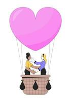 vriendinnetjes drijvend Aan heet lucht ballon 2d lineair tekenfilm karakters. liefhebbend lesbienne paar geïsoleerd lijn vector mensen wit achtergrond. romantisch datum ballonvaren kleur vlak plek illustratie