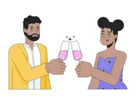 Afro-Amerikaans paar gerinkel bril 2d lineair tekenfilm karakters. geslagen vriendin vriendje geïsoleerd lijn vector mensen wit achtergrond. Gefeliciteerd Champagne kleur vlak plek illustratie