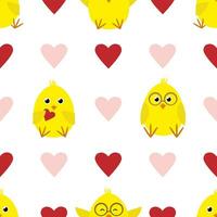 valentijnsdag dag naadloos patroon met tekenfilm kuikens en harten. valentijnsdag achtergrond met kippen en harten