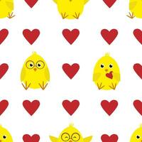 valentijnsdag dag naadloos patroon met tekenfilm kuikens en harten. valentijnsdag achtergrond met kippen en harten