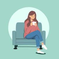 vrouw zittend Aan sofa drinken koffie vector illustratie