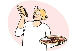 gelukkig te zwaar vrouw met pizza in handen genieten snel voedsel. glimlachen dik vrouw aan het eten Italiaans voedsel. lichaam positief. vector illustratie.
