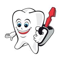 tandheelkundig zorg creatief concept logo ontwerp, gelukkig tand tekenfilm glimlachen met een tandenborstel vector