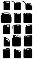 zwart silhouetten van auto jerrycans. vector illustratie Aan wit achtergrond