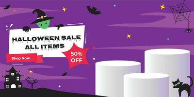 halloween uitverkoop promo banier sjabloon met blanco Product podium vector