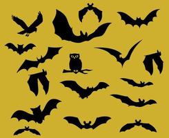 vleermuizen zwarte objecten vector tekenen symbolen illustratie met gele achtergrond