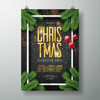 Vector Merry Christmas Party Poster ontwerpsjabloon met vakantie typografie elementen, pine branch en rode glazen bal op donkere achtergrond.