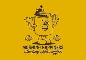 ochtend- geluk beginnend met koffie. wijnoogst mascotte karakter van koffie mok met gelukkig gezicht vector