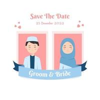 moslimpaar met portretfoto voor huwelijksuitnodiging met lintlabel. bewaar de datum vectorillustratie