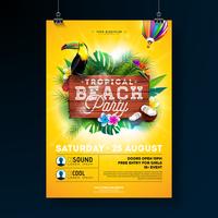 Vector zomer Beach Party Flyer Design met typografische elementen op houtstructuur achtergrond. Tropische planten, bloem, toekan vogel, kokosnoot en luchtballon met blauwe bewolkte hemel