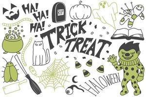 set halloween-doodles, trick or treat-tekeningen vector