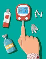 testen bloed glucose concept. glucosemeter, test stroken in hand. test uitrusting en geneesmiddel. gezondheidszorg, ziekenhuis en medisch diagnostiek. urgentie Diensten. vlak vector illustratie