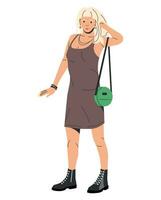 Dames in jurk en leer laarzen geïsoleerd. mode blond meisje met tas. modieus dame in gewoontjes kleren. mooi vrouw karakter Aan wit. modieus levensstijl. tekenfilm vlak vector illustratie