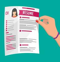 hand- Holding baan sollicitatie. CV papieren cv. baan interview. menselijk middelen beheer concept, zoeken professioneel personeel, werk. gevonden Rechtsaf cv. vector illustratie in vlak stijl