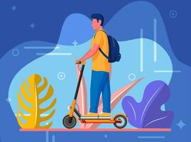 jong Mens Aan trap scooter. vent met rugzak rollend Aan elektrisch scooter. hipster karakter toepassingen modern stedelijk vervoer. ecologisch, handig stad vervoer. tekenfilm vlak vector illustratie