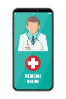 mobiel telefoon met internet apotheek boodschappen doen app. pillen en flessen, geneeskunde online. medisch bijstand, helpen, ondersteuning online. Gezondheid zorg toepassing Aan smartphone. vector illustratie in vlak stijl