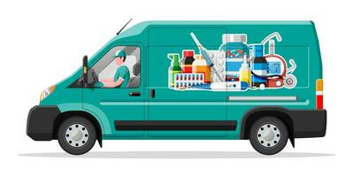 busje voor levering farmaceutisch drugs. groen apotheek vrachtwagen. internet apotheek, oline bestellen. medisch bijstand, helpen, ondersteuning online. Gezondheid zorg. vector illustratie in vlak stijl