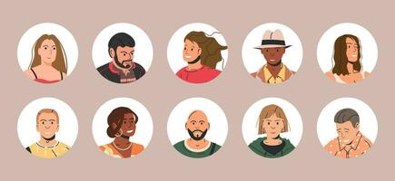 verschillend mensen avatars. reeks van cirkel gebruiker portretten. mannetje en vrouw karakters. Mens en vrouw in modieus kleding. jongens en meisjes met verschillend kapsels en etniciteiten. vlak vector illustratie