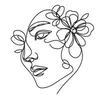 kant visie van vrouw gezicht met bloem lijn kunst vector