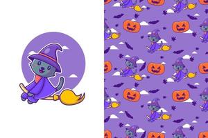 schattige zwarte kat heks happy halloween met naadloos patroon vector