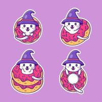 schattige kat en donuts happy halloween stickers collectie vector