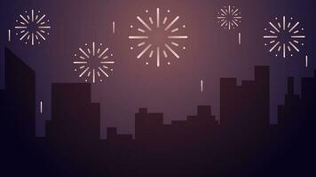 nieuw jaar stadsgezicht vector illustratie. landschap van stad met sprankelend vuurwerk in nieuw jaar evenement. stad landschap voor illustratie, achtergrond of behang. stad silhouet in de vuurwerk festival