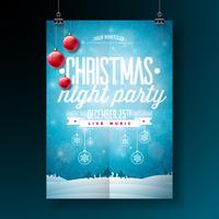 Vector Merry Christmas Party Flyer illustratie met typografie en vakantie-elementen op blauwe achtergrond. Winterlandschap uitnodiging poster sjabloon.