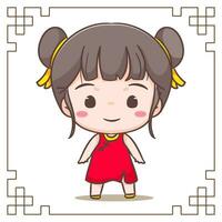 schattig meisje vieren Chinese nieuw jaar tekenfilm vector illustratie. Chinese jaar concept ontwerp. aanbiddelijk chibi hand- getrokken. geïsoleerd wit achtergrond.