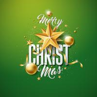 Vector Merry Christmas-illustratie met gouden glazen bal, knipsel Paper Star en typografie elementen op groene achtergrond. Vakantieontwerp voor premium wenskaart, feestuitnodiging of promo-banner.