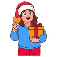 een meisje in een de kerstman hoed Holding een Kerstmis geschenk vector