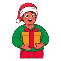 een jongen in een de kerstman hoed Holding een Kerstmis geschenk vector