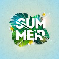 Vector zomervakantie typografische illustratie met exotische bladeren en bloemen op blauwe achtergrond. Tropisch ontwerpsjabloon voor banner, flyer, uitnodiging, brochure, poster of wenskaart.