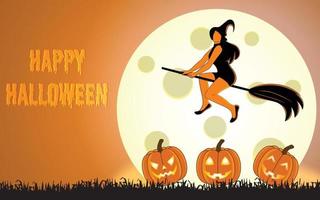 halloween illustratie voor halloween-feest achtergrond en uitnodiging, hand getekende vector halloween illustratie met heks en schattige enge pompoen, halloween illustratie met giont maan op de achtergrond.