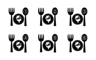 schotel deel aantal symbool lepel en bord, restaurant icoon. vector