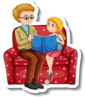 een stickersjabloon met vader en zijn dochter die samen een boek lezen vector